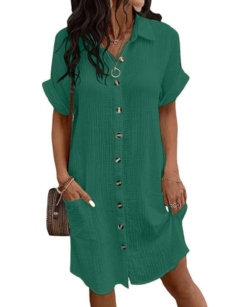 Rose Kjole Chemise Dame – Bomuld Hør, V-hals & Knappet A-formet Snit Sommer Afslappet