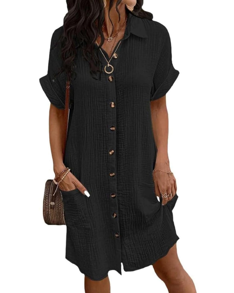 Rose Robe Chemise Femme – Coton Lin, Col V & Boutonnée Coupe A-Line Été Décontracté