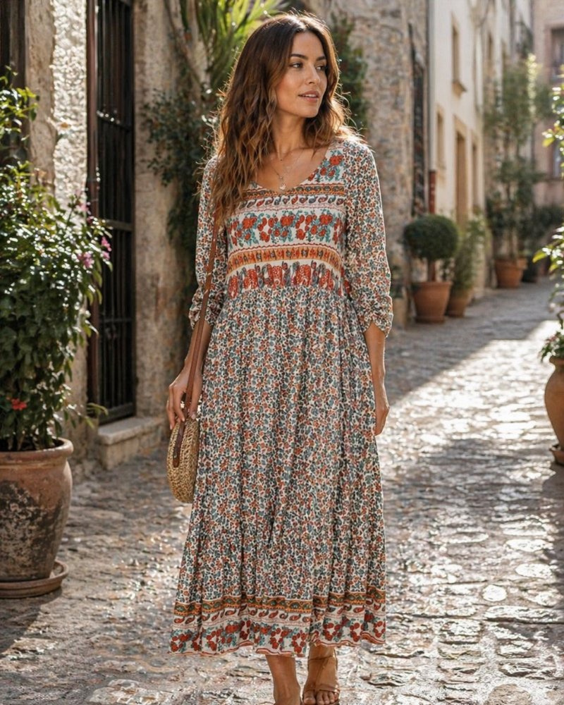 Giana Robe Midi Femme – Imprimé Floral Boho, Col Rond & Poches Coupe Fluide Été