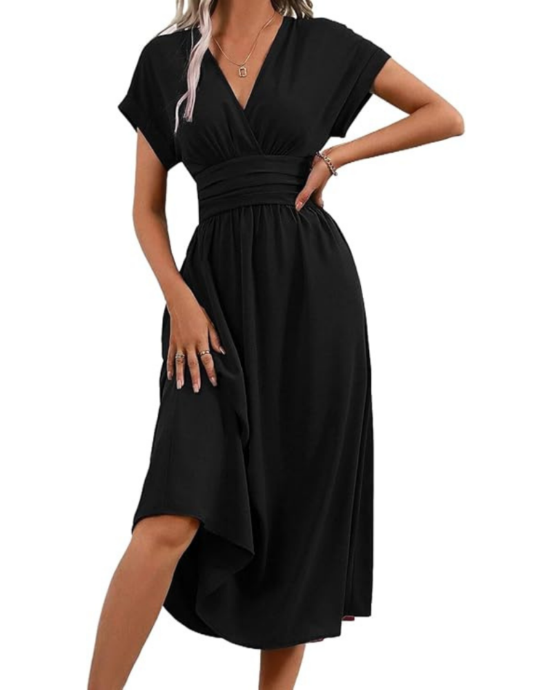Goldie Robe Longue Femme – Col V, Coupe A-Line Plissée & Taille Élastique Été