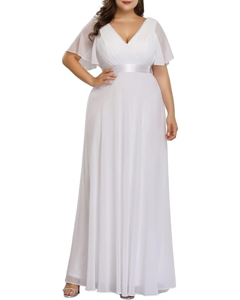Skye Robe Longue Femme – Mousseline, Col V & Taille Empire Élégante Soirée