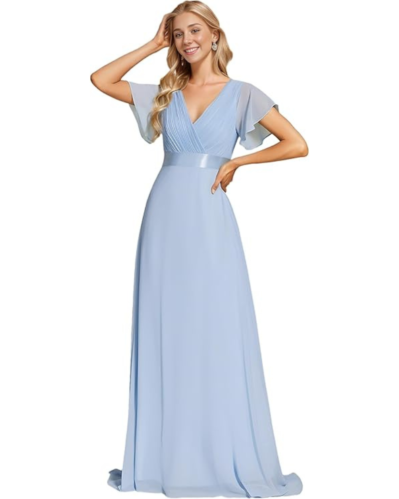 Skye Robe Longue Femme – Mousseline, Col V & Taille Empire Élégante Soirée
