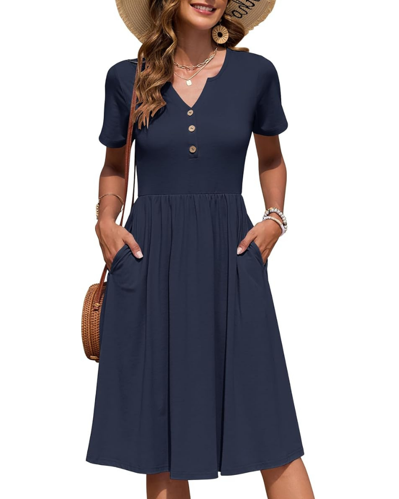 Gabby Robe Femme – Col V, Taille Empire & Coupe Plissée avec Poches Été Élégant