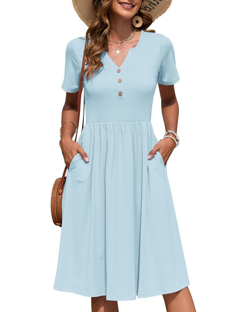 Gabby Robe Femme – Col V, Taille Empire & Coupe Plissée avec Poches Été Élégant