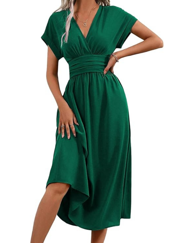 Goldie Robe Longue Femme – Col V, Coupe A-Line Plissée & Taille Élastique Été