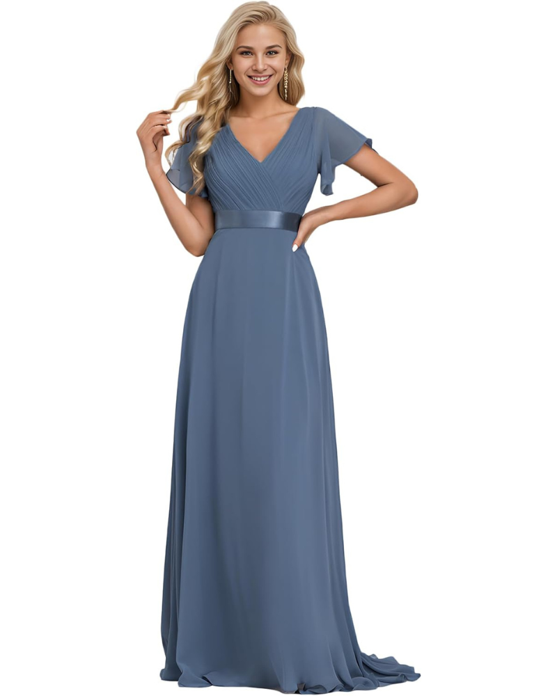 Skye Robe Longue Femme – Mousseline, Col V & Taille Empire Élégante Soirée