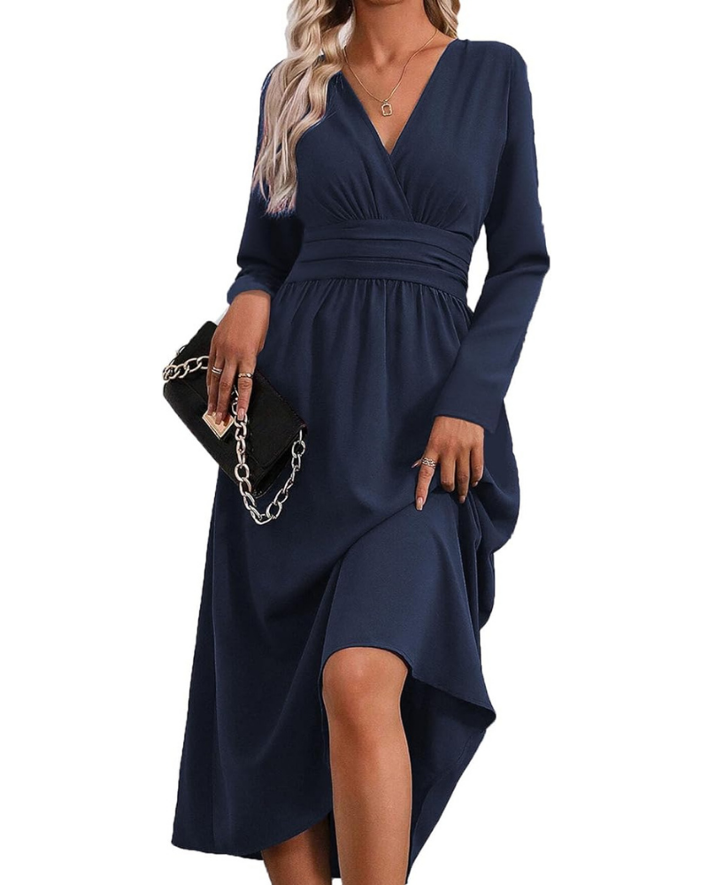 Gracie Robe Longue Femme – Col V, Manches Chauve-Souris & Coupe Plissée Élégante