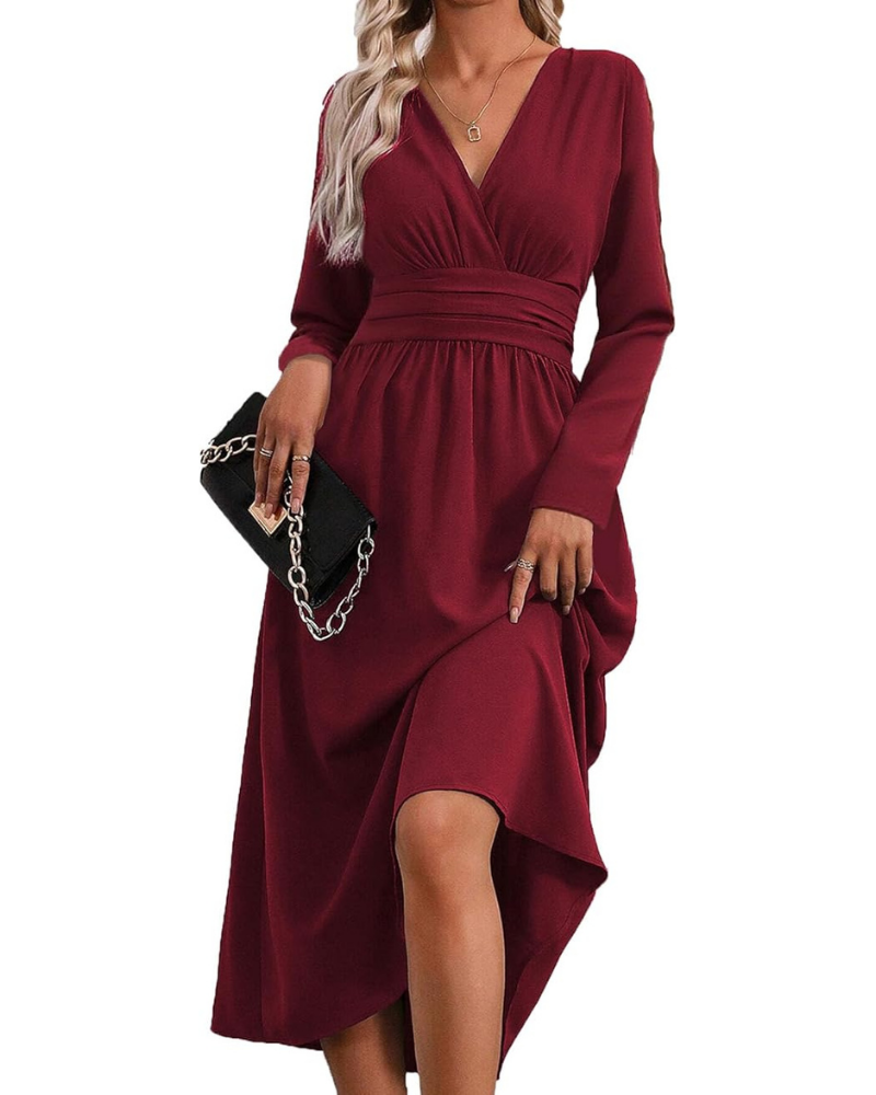 Gracie Robe Longue Femme – Col V, Manches Chauve-Souris & Coupe Plissée Élégante