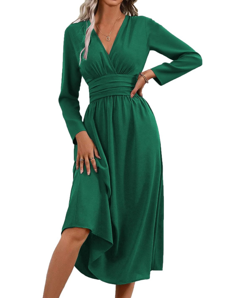 Gracie Robe Longue Femme – Col V, Manches Chauve-Souris & Coupe Plissée Élégante