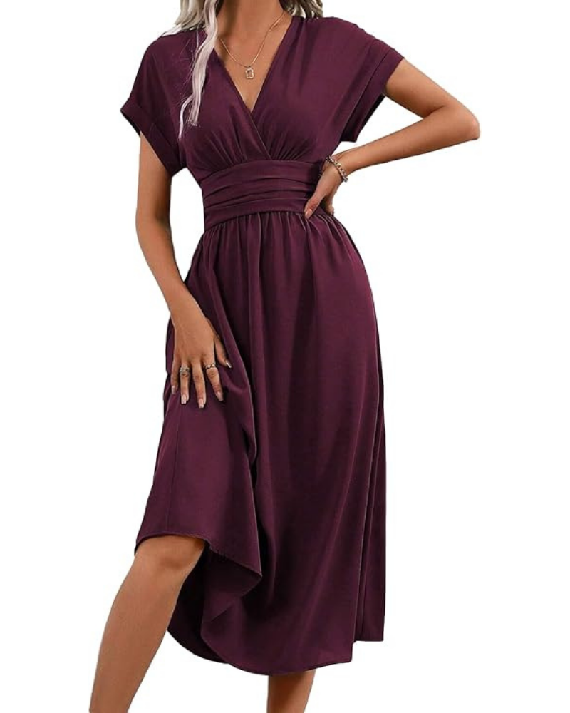 Goldie Robe Longue Femme – Col V, Coupe A-Line Plissée & Taille Élastique Été