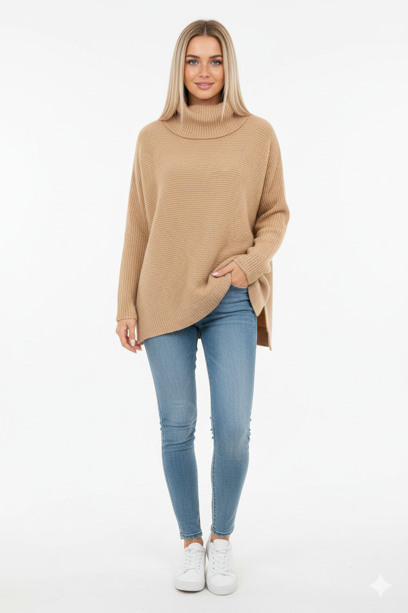 Gracie női garbó pulóver – ultrapuha, bő szabású kötött, magas nyakkal és elegáns stílussal