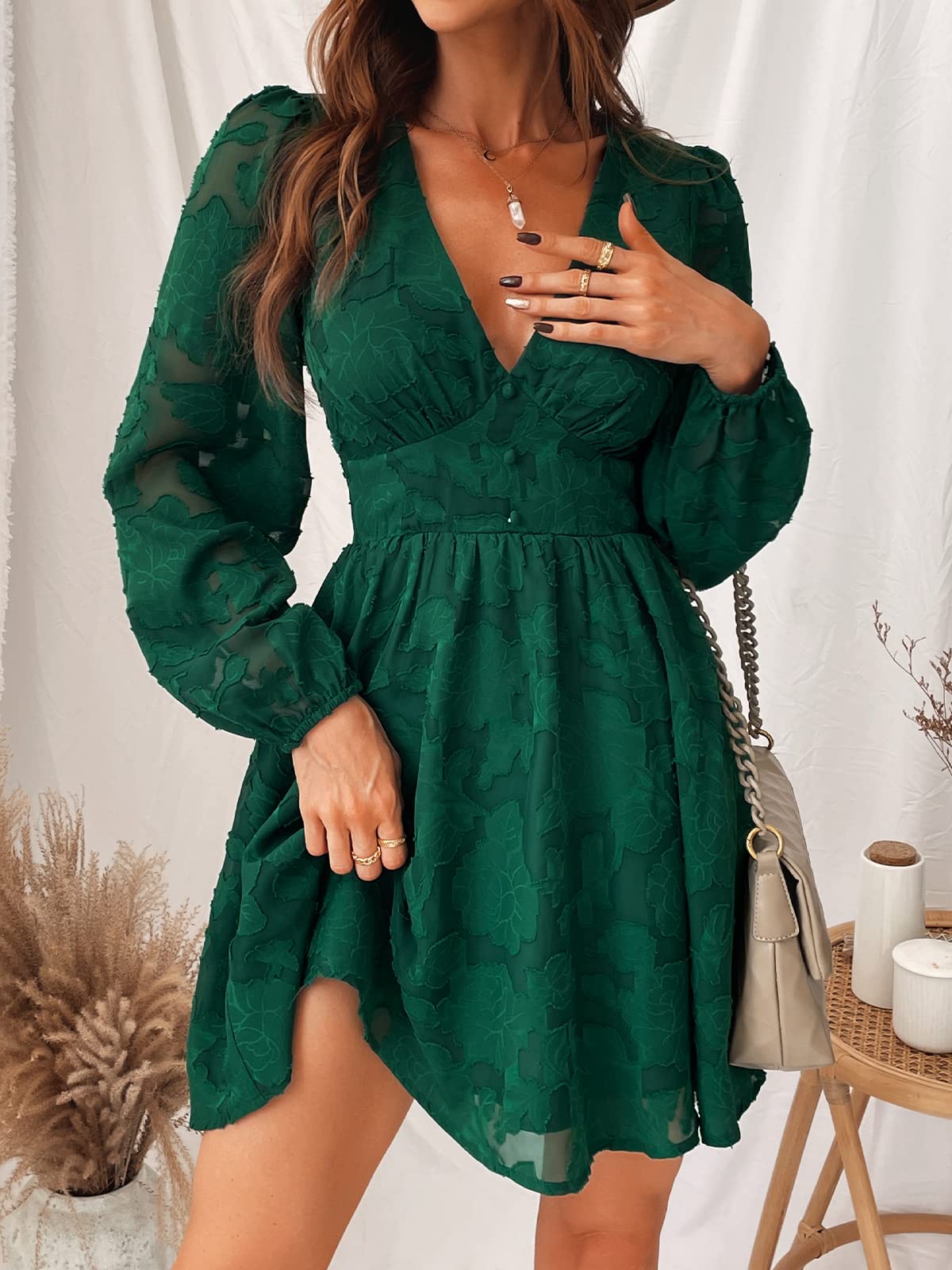Virelle Φόρεμα Cupshe Femme – Φλοράλ Δαντέλα με V Λαιμόκοψη, Μακριά Μανίκια & Κομψή Γραμμή A-Line