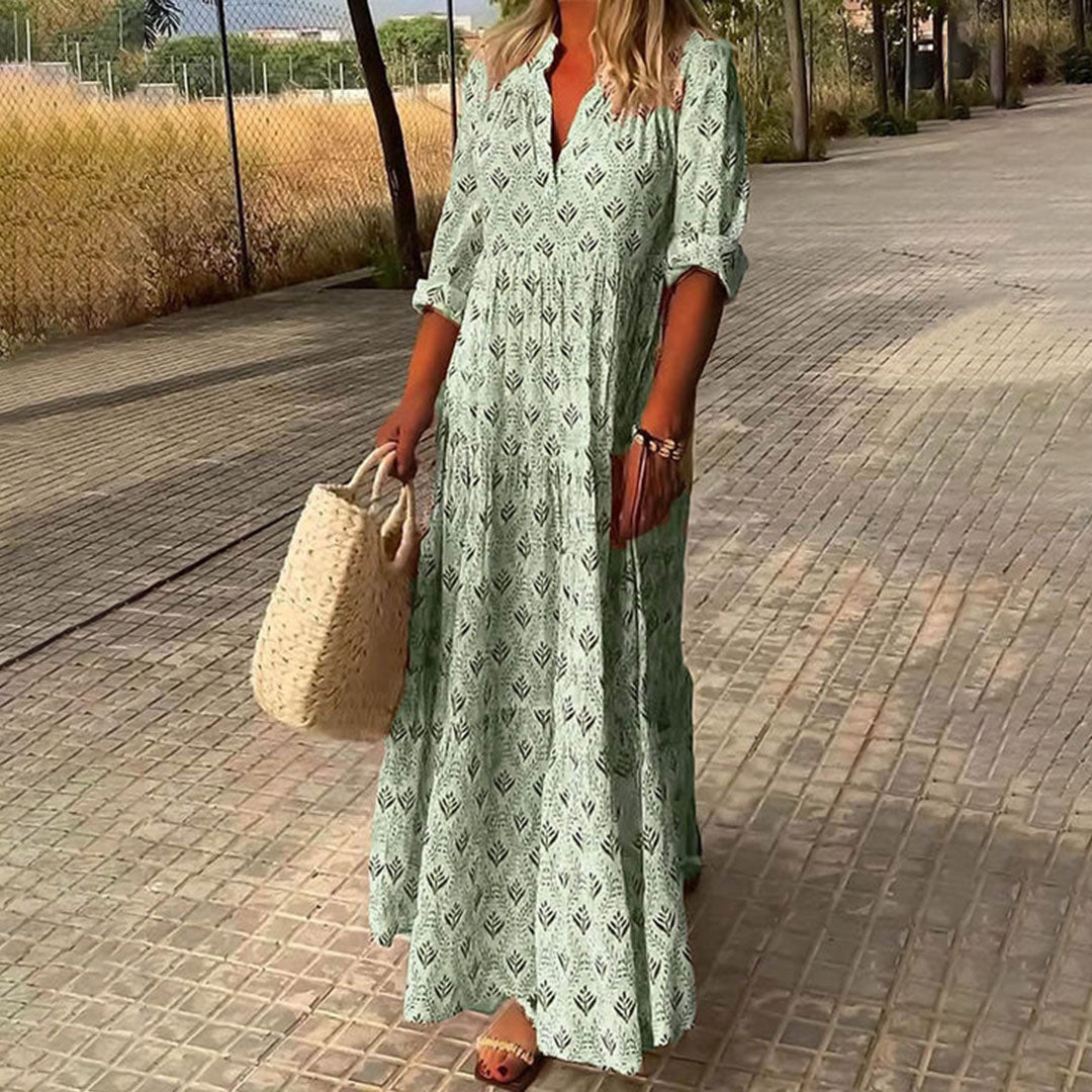 Kendra Robe Maxi Femme – Robe Boho Bleu Clair avec Imprimé & Coupe Confortable