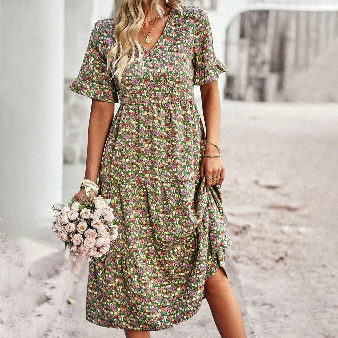 Celia Robe Midi Femme – Robe Fleurie Bohème avec Coupe Légère & Style Élégant