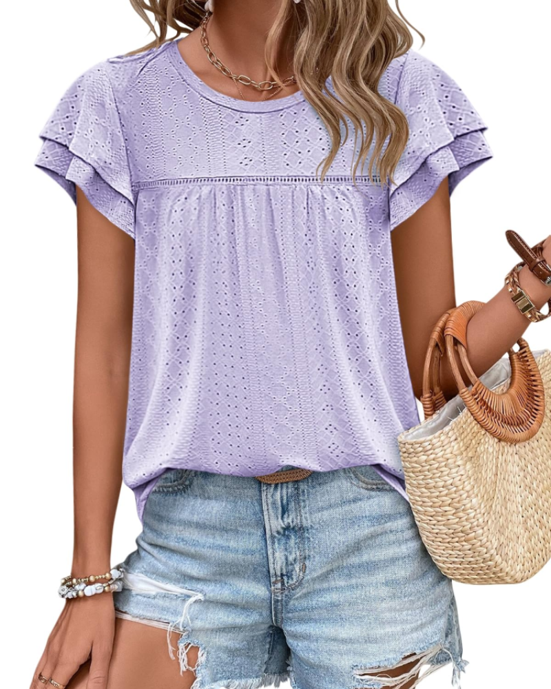 Isara Top Femme – Blouse Eyelet met Volants, Vloeiende Babydoll Pasvorm & Chic Zomerstijl