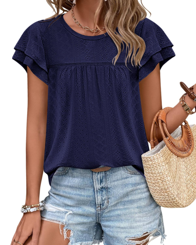 Isara Top Femme – Blouse Eyelet met Volants, Vloeiende Babydoll Pasvorm & Chic Zomerstijl
