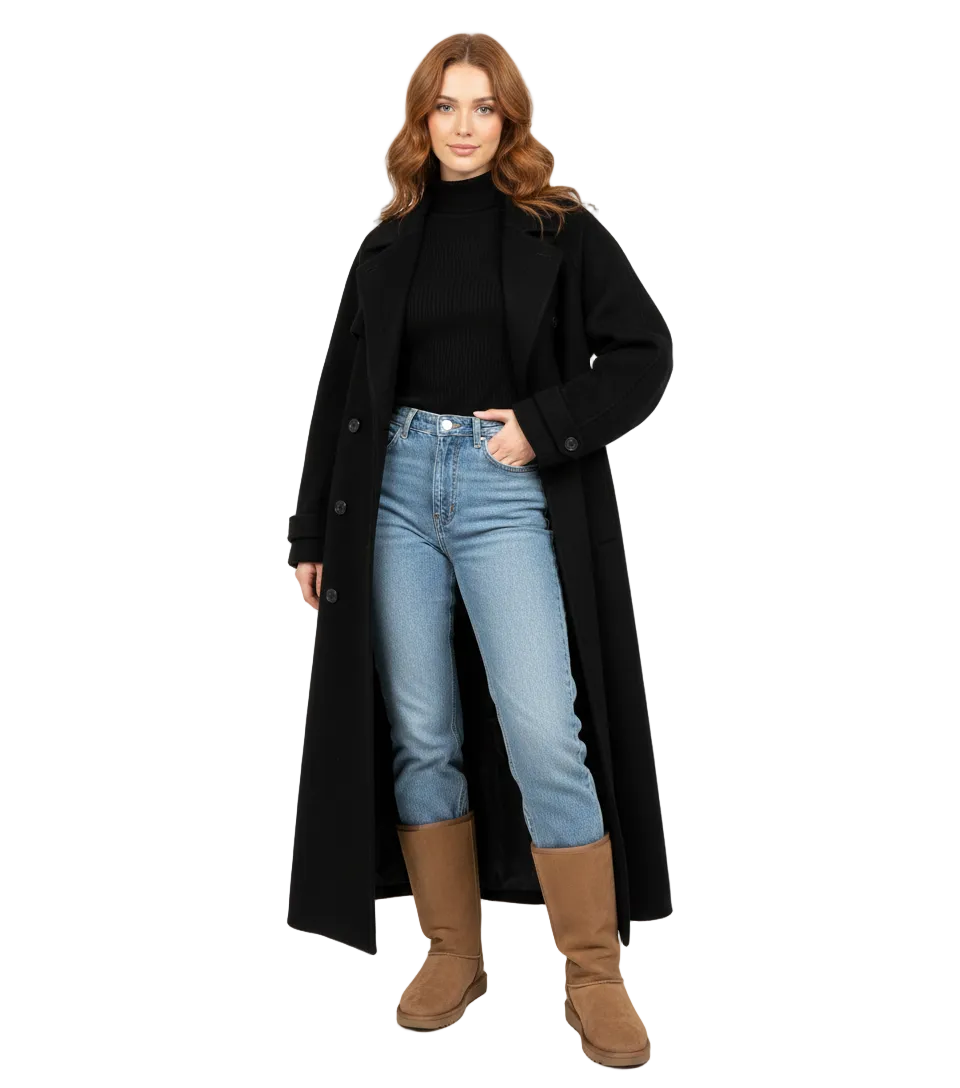 Inka Manteau Dugi Preveliki Ženski – Dvoredno Kopčanje i Uljepšani Ovratnik