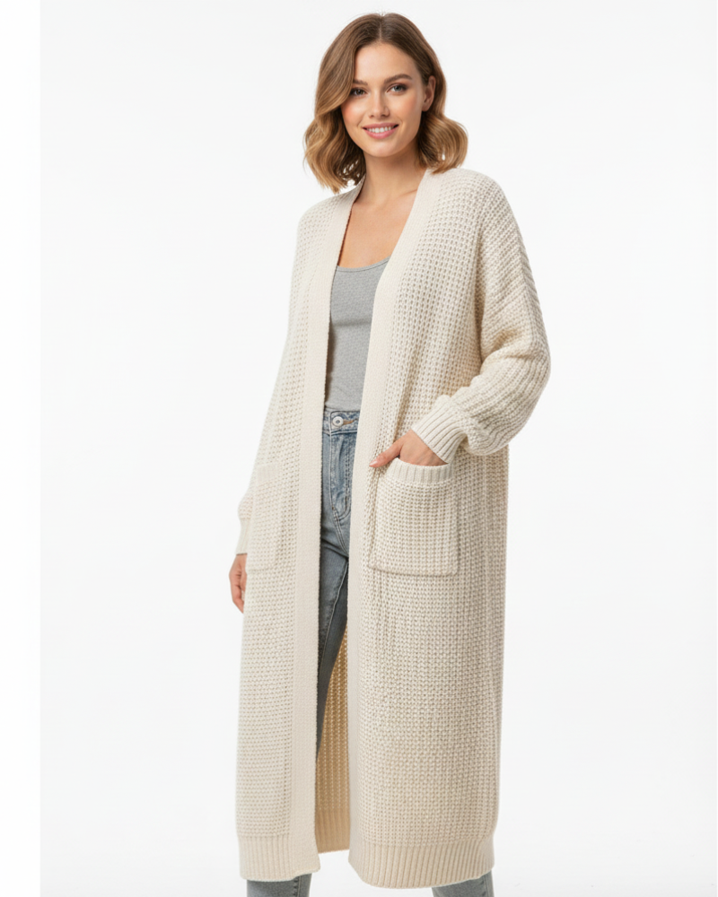 Erca naisten pitkä neuleliivi – väljälahkeinen tyylikäs neuletakki kevääseen, syksyyn ja talveen