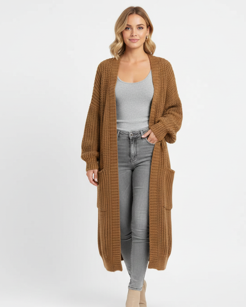 Erca naisten pitkä neuleliivi – väljälahkeinen tyylikäs neuletakki kevääseen, syksyyn ja talveen