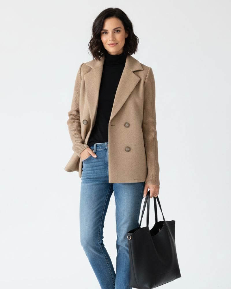 Charina ženski sako od trikotaže – dvoredno kopčanje s reverom i dugim rukavima