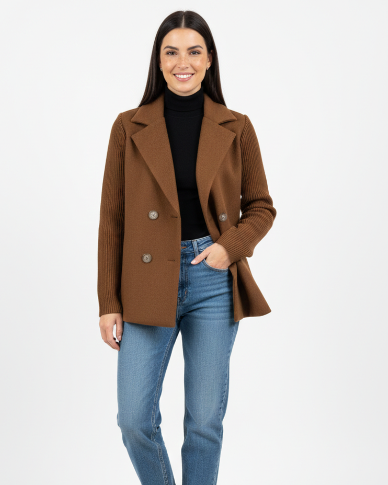 Charina női blézer kötött anyagból – dupla gombolású kabát hajtókával és hosszú ujjakkal
