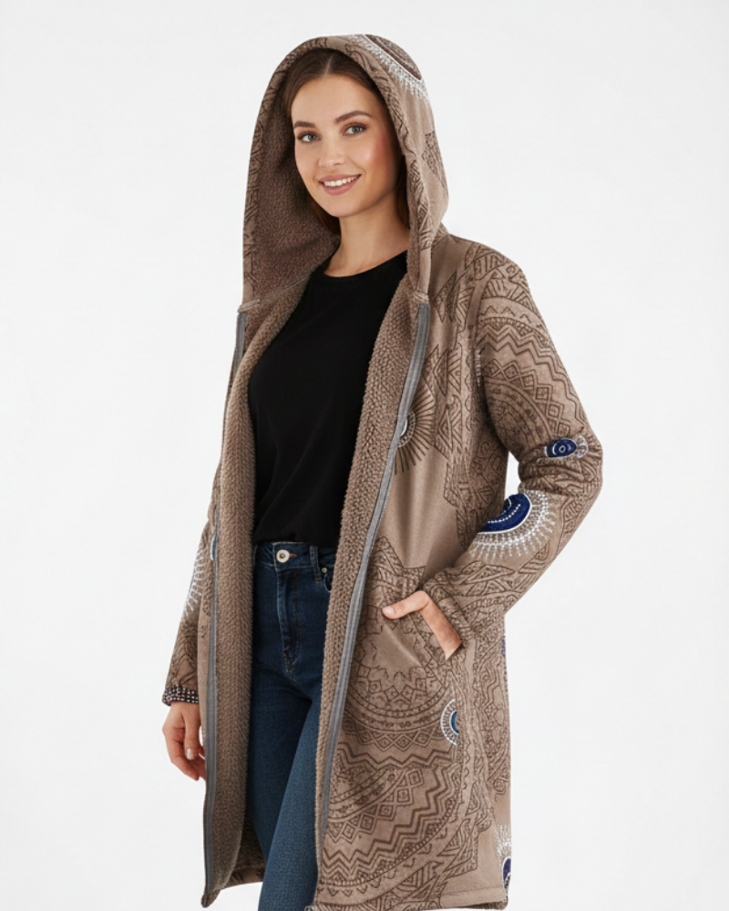 Naomi Parka pentru femei călduroasă boemă – palton căptușit cu sherpa cu glugă și model geometric