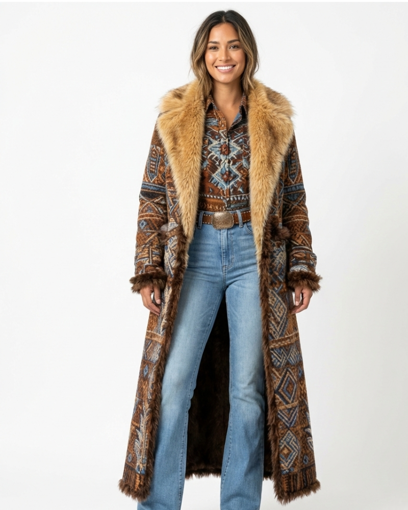 Isabella Palton Lung pentru Femei Boho – Palton Cald cu Model Etnic și Guler din Blană Artificială