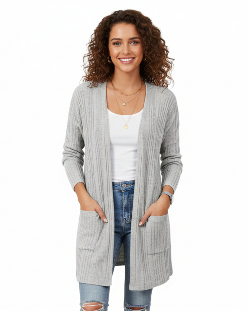 Isabelle Cardigan Lang Dame – Ribbestrikket Åpen Vest med Lommer & Avslappet Passform