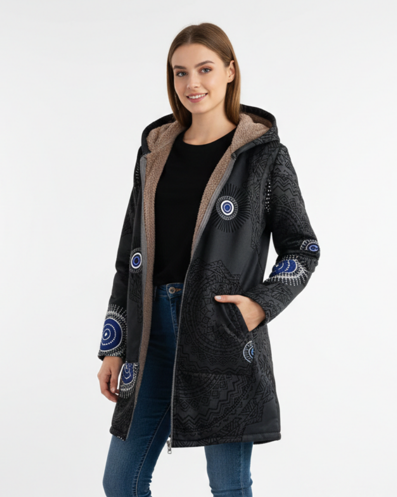 Naomi Parka pentru femei călduroasă boemă – palton căptușit cu sherpa cu glugă și model geometric