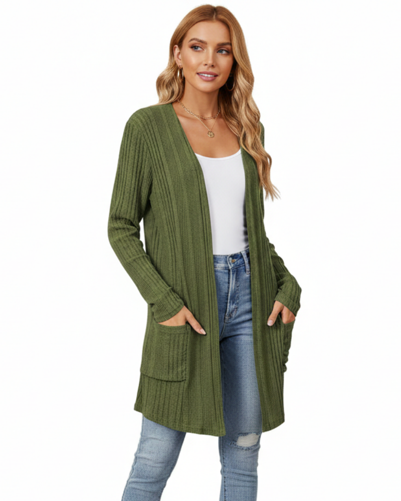 Isabelle Cardigan Lang Dame – Ribbestrikket Åpen Vest med Lommer & Avslappet Passform