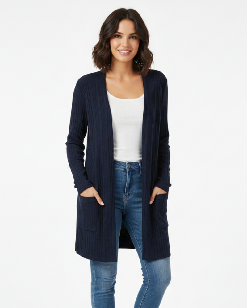 Isabelle Cardigan Lang Dame – Ribbestrikket Åpen Vest med Lommer & Avslappet Passform