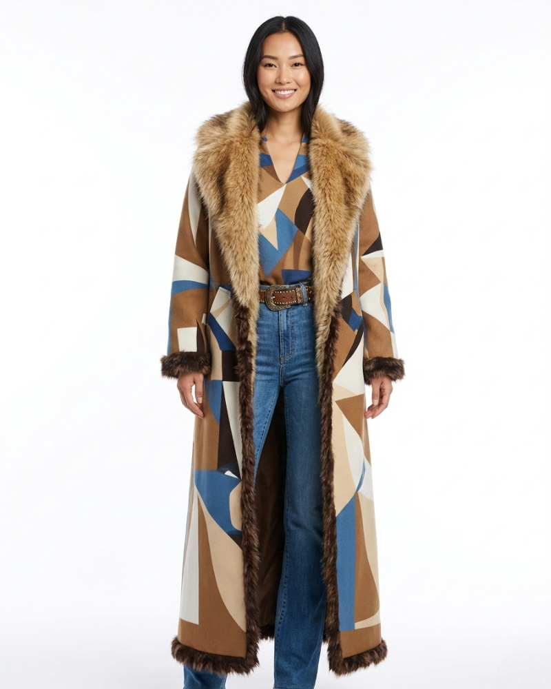Isabella Palton Lung pentru Femei Boho – Palton Cald cu Model Etnic și Guler din Blană Artificială