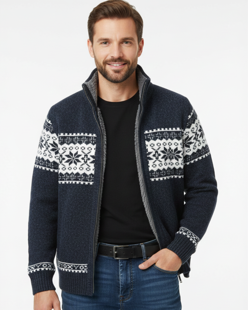 Moris Gilet Fleece Homme – Veste Jacquard Hiver à Col Haut & Motifs Scandinaves