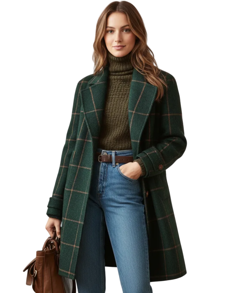 Norah Long Plaid Coat for Women – Full Button Closure & Elegant Style