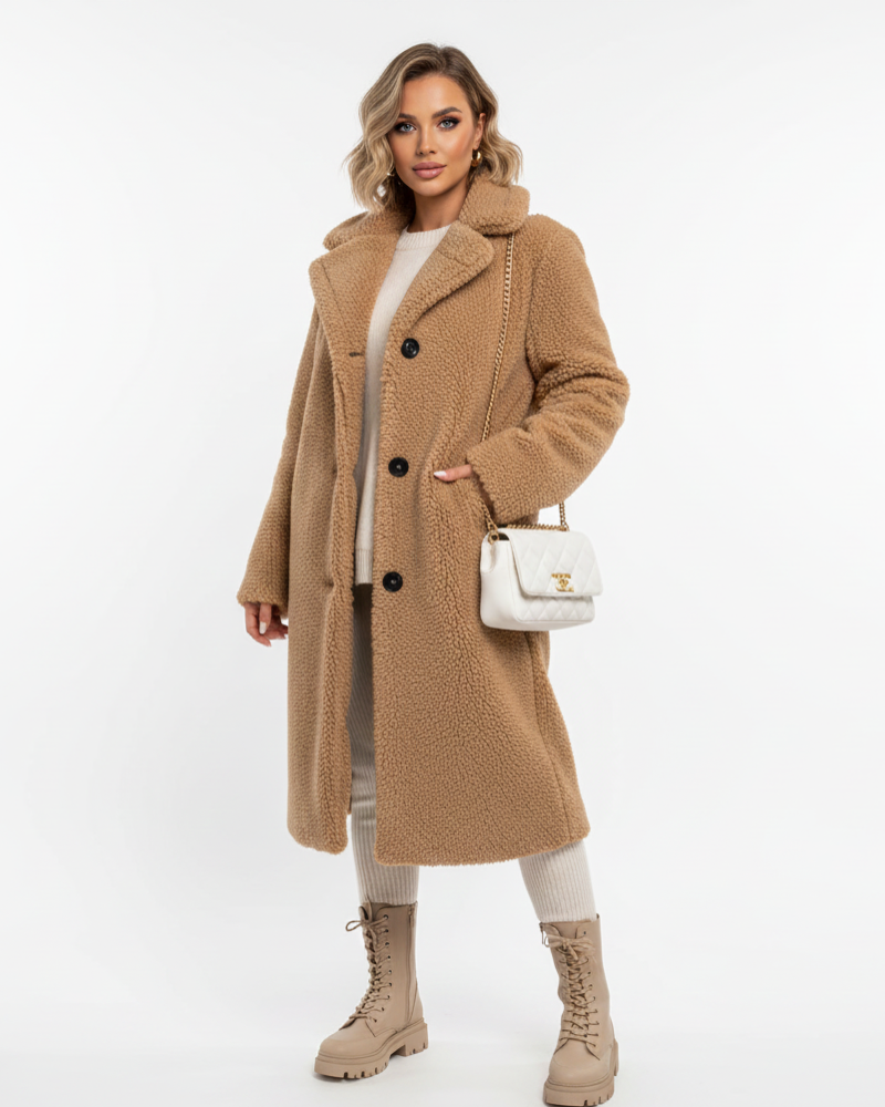 Ellen Manteau Teddy Lung pentru Femei – Jachetă Călduroasă Bej cu Croială Elegantă și Confort Moale