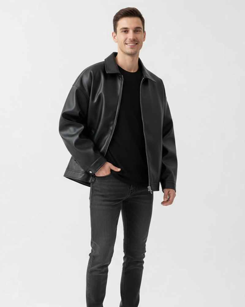 Milan Men's Jacket in Faux Leather – Loose Fit with Classic Collar and Zipper Closure