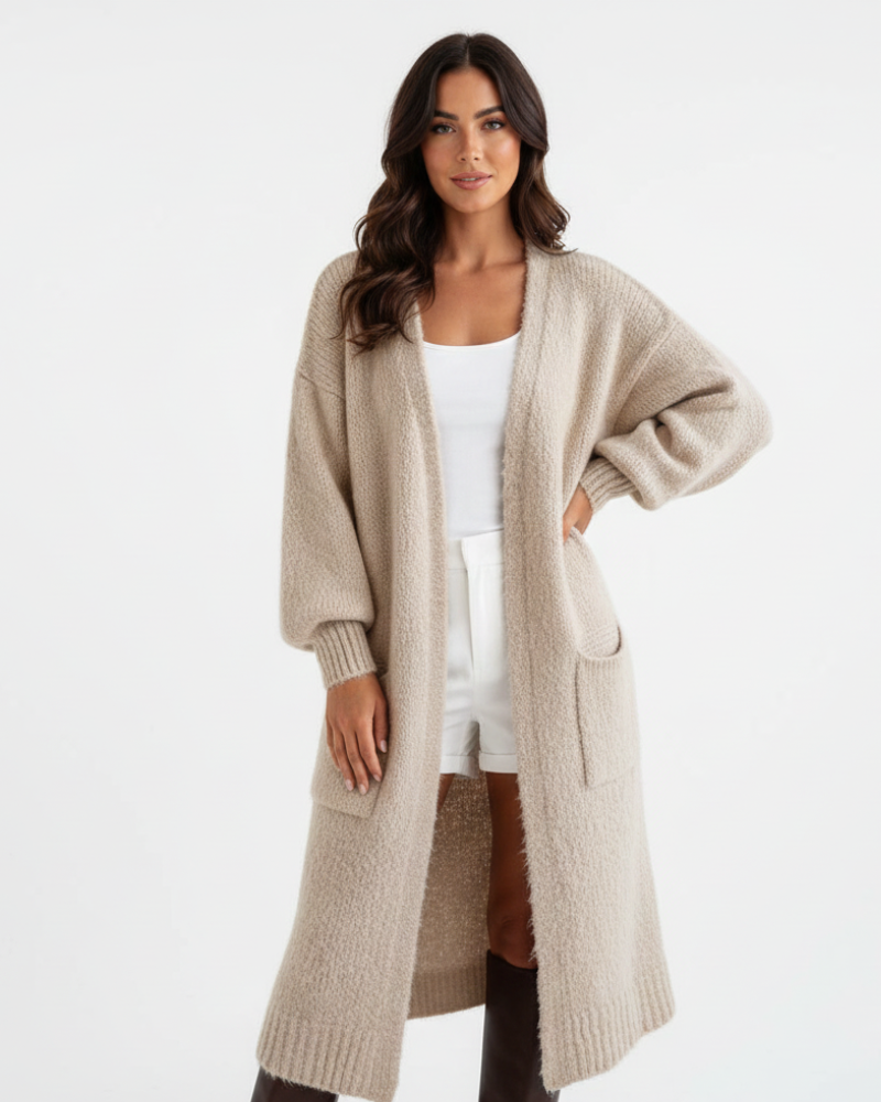 Laleng Kardigan Dug Oversize Ženski – Mekani Pleteni Prsluk s Džepovima i Ležernim Krojem