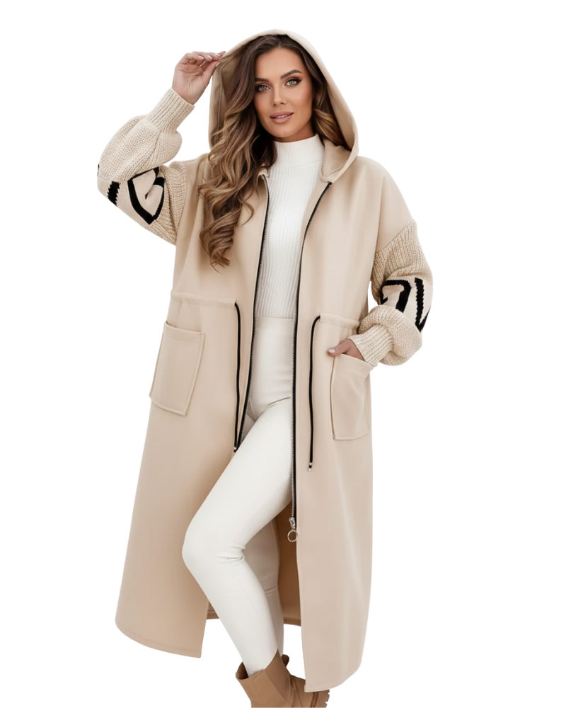 Ava Patchwork Damenjacke – Wasserabweisender Taillierter Mantel mit Kapuze & Strickärmeln