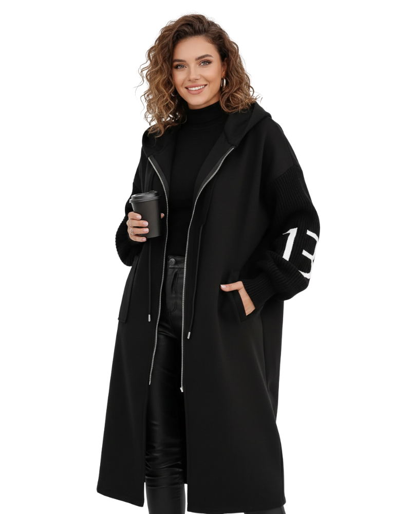 Ava Patchwork Damenjacke – Wasserabweisender Taillierter Mantel mit Kapuze & Strickärmeln