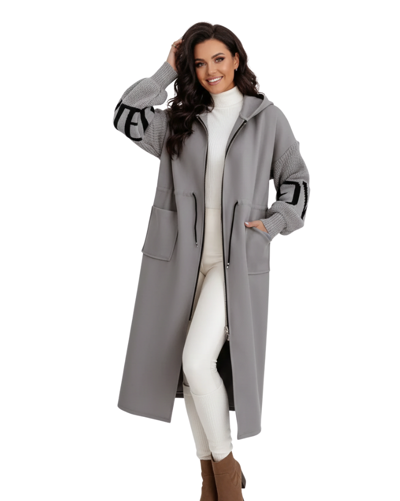 Ava Patchwork Damenjacke – Wasserabweisender Taillierter Mantel mit Kapuze & Strickärmeln