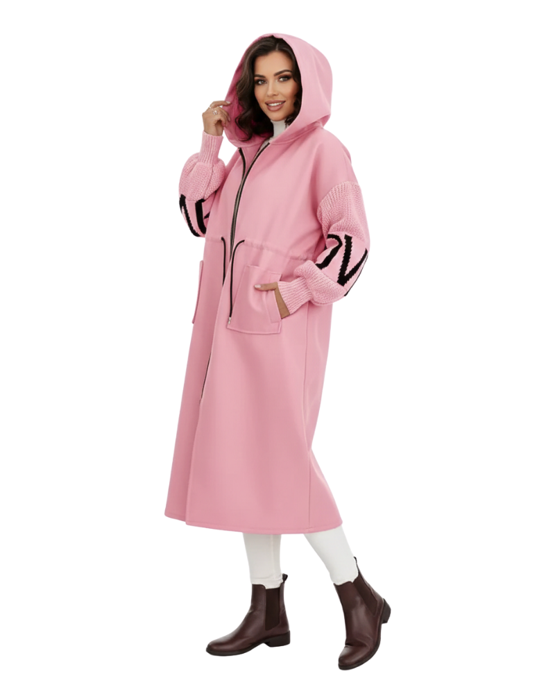 Ava Patchwork Damenjacke – Wasserabweisender Taillierter Mantel mit Kapuze & Strickärmeln