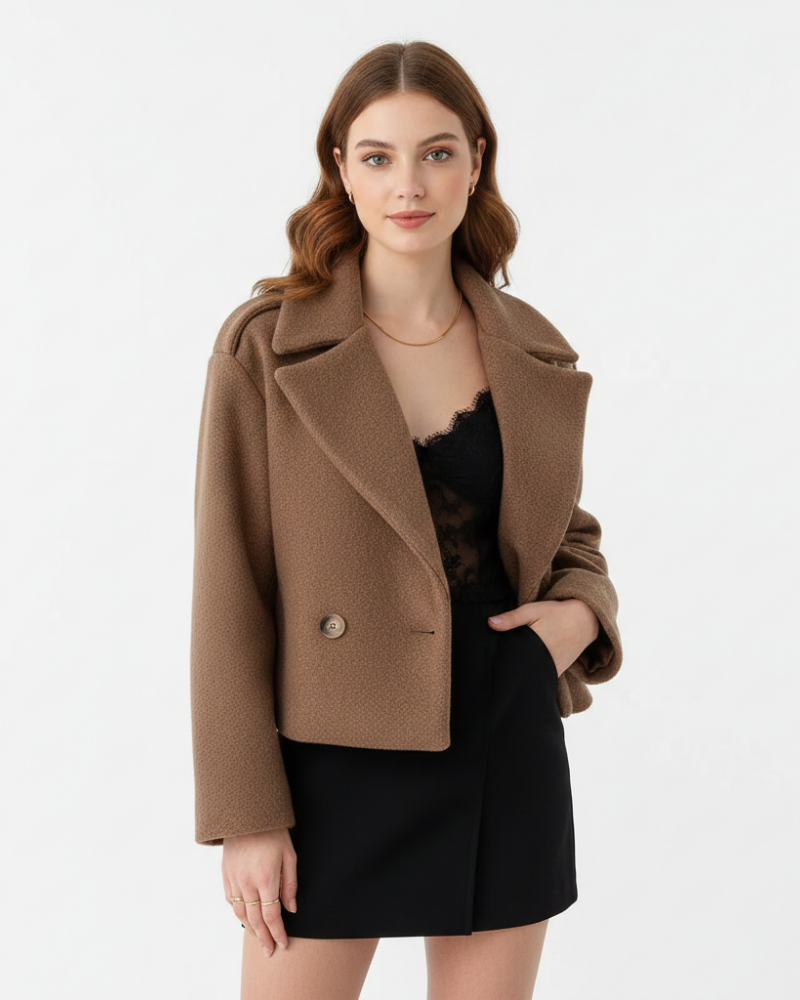 Melia női rövid kabát – dupla soros gyapjú zakó, bő szabású és hajtókás gallér