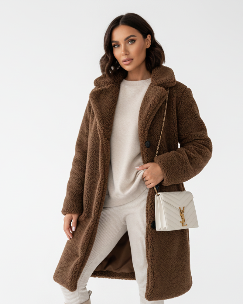 Ellen Manteau Teddy Lung pentru Femei – Jachetă Călduroasă Bej cu Croială Elegantă și Confort Moale