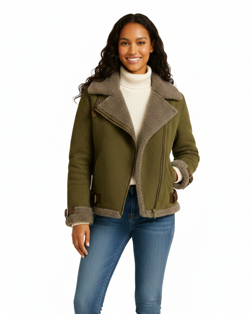 Avanna női pilóta bőrkabát – meleg pilóta kabát teddy béléssel és bőr részletekkel