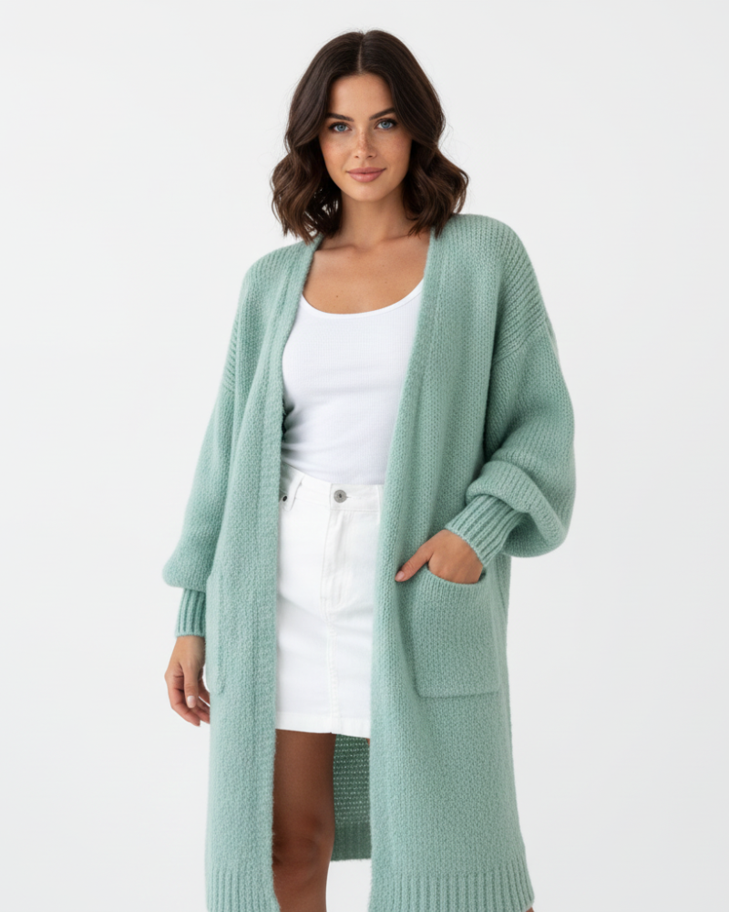 Laleng Kardigan Dug Oversize Ženski – Mekani Pleteni Prsluk s Džepovima i Ležernim Krojem