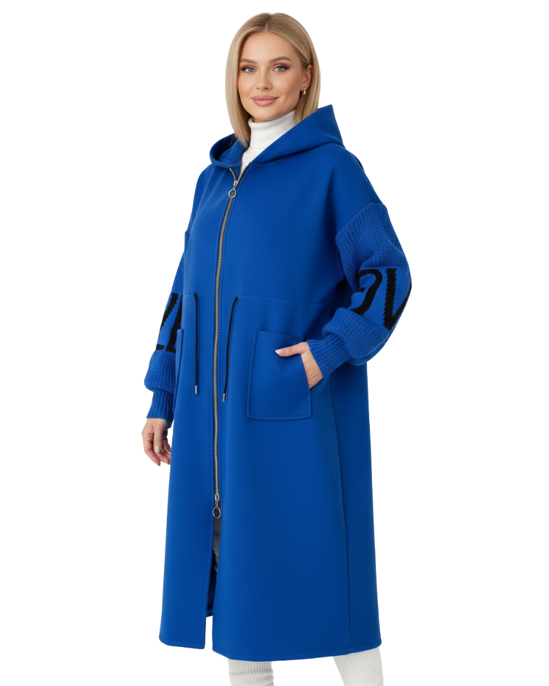 Ava Patchwork Damenjacke – Wasserabweisender Taillierter Mantel mit Kapuze & Strickärmeln