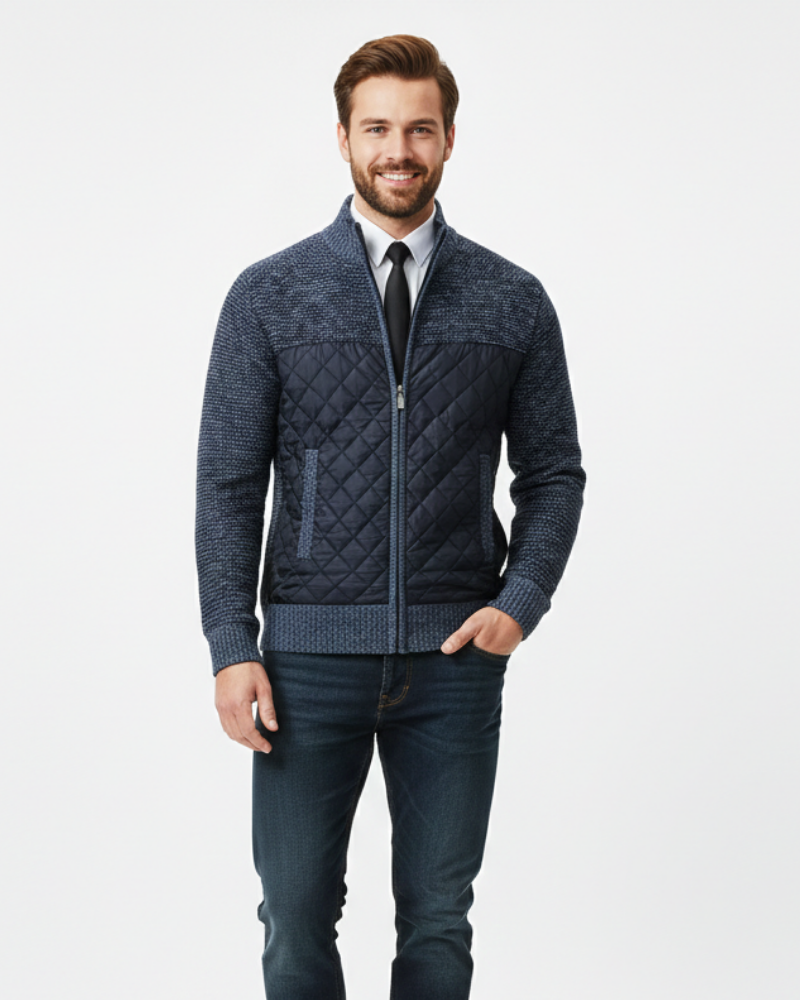Adrian Cardigan Homme Zippé – Panneaux Matelassés & Maille Fine avec Col Montant