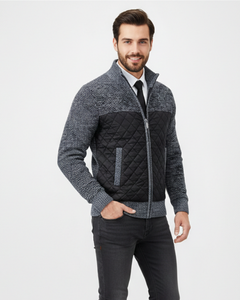 Adrian Cardigan Homme Zippé – Panneaux Matelassés & Maille Fine avec Col Montant
