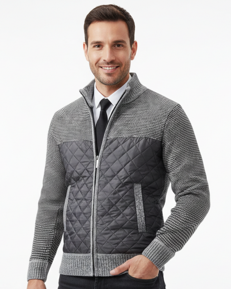 Adrian Cardigan Homme Zippé – Panneaux Matelassés & Maille Fine avec Col Montant