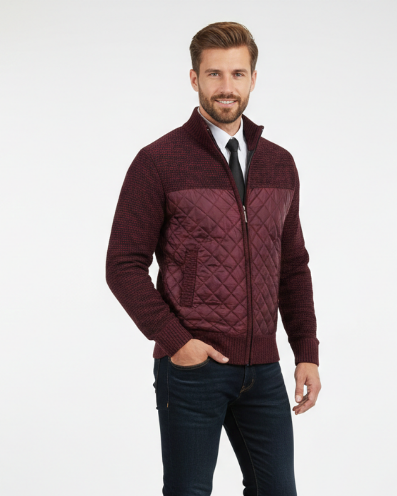 Adrian Cardigan Homme Zippé – Panneaux Matelassés & Maille Fine avec Col Montant